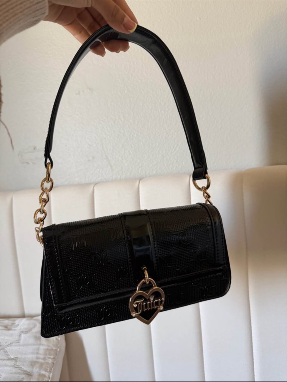 Juicy Couture Black Patent Shoulder Bag with Gold Heart Charm
